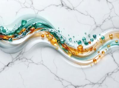 The primary subject of the image is a white and blue wave, which is the main object, scene, or focus of the image. The wave is depicted as a digital art or illustration, with a pattern and texture that gives it a dynamic and flowing appearance. The setting or background of the image is a white marble surface, which adds to the overall atmosphere and visual style of the image. The colors and mood of the image are predominantly white and blue, with a touch of yellow, creating a sense of calmness