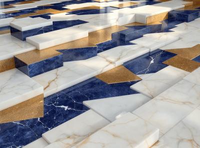The primary subject of the image is a marble floor with a blue and gold pattern. The setting is a room with a blue and gold checkered floor. The visual style is a photo of the floor, showcasing the intricate design and colors. The colors and mood of the image are vibrant and elegant, with the blue and gold pattern creating a sophisticated and luxurious atmosphere.