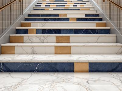 The primary subject of the image is a set of marble stairs with a blue and yellow striped pattern. The stairs are located in a setting with a white background, giving the scene a clean and elegant appearance. The visual style of the image is a photo, capturing the intricate details of the stairs and their pattern. The colors and mood of the image are predominantly blue and yellow, creating a warm and inviting atmosphere.