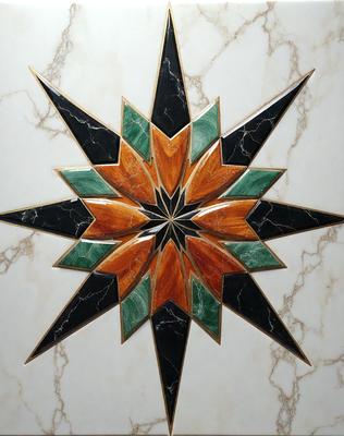 The primary subject of the image is a decorative, colorful, and intricately designed star pattern. The star is made up of multiple smaller stars, creating a visually appealing and artistic pattern. The setting is a white marble surface, which provides a clean and elegant backdrop for the star pattern. The visual style of the image is a combination of digital art and illustration, showcasing the artist's skill in creating a complex and visually striking design. The colors and mood of the image are predomin