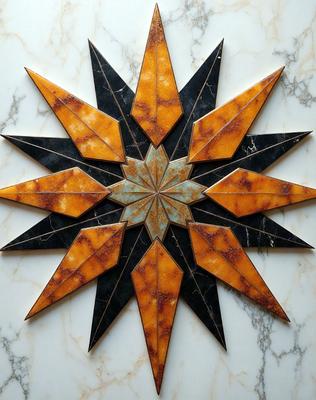 The primary subject of the image is a decorative star made of marble, which is the main object, scene, or focus of the image. The setting is a marble table, and the visual style is a photo. The colors and mood of the image are predominantly brown and orange, giving it a warm and earthy atmosphere.