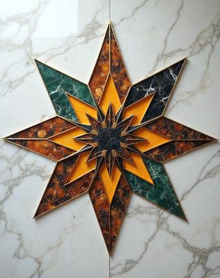 The primary subject of the image is a decorative star made of marble and colored with yellow, green, and orange. The star is set against a white marble background, giving it a clean and elegant appearance. The visual style of the image is a combination of digital art and illustration, as the star is intricately designed and crafted to resemble a real marble star. The colors and mood of the image are warm and inviting, with the yellow, green, and orange hues creating a sense of vib
