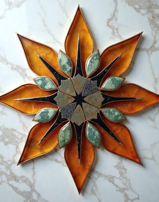 The primary subject of the image is a decorative piece made of glass, resembling a sun or a flower. The setting is a marble surface, which serves as the background. The visual style is a combination of digital art and illustration, creating a unique and artistic design. The colors and mood of the image are predominantly warm and vibrant, with the glass piece being the focal point of the composition.