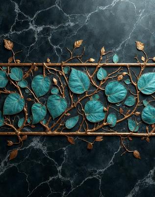 The primary subject of the image is a decorative piece made of metal, featuring a design that resembles a tree with green leaves. The setting is a marble countertop, and the visual style is a combination of photo and digital art. The dominant colors in the image are green and blue, creating a serene and natural atmosphere.