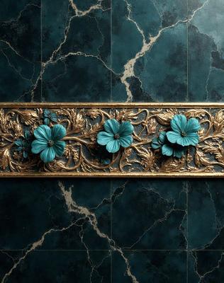 The primary subject of the image is a decorative piece featuring three blue flowers with gold accents. The setting is a bathroom, with the decorative piece mounted on a blue marble wall. The visual style is a combination of digital art and illustration, creating a unique and eye-catching design. The colors and mood of the image are predominantly blue and gold, giving the piece a luxurious and elegant appearance.