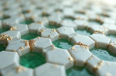 The primary subject of the image is a white tile with gold specks on it. The tile is placed on a green surface, which could be a pool or a water feature. The visual style of the image is a close-up of the tile, showcasing its unique design and texture. The colors and mood of the image are predominantly green and gold, creating a warm and inviting atmosphere.