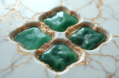 The primary subject of the image is a white plate with four green soap dishes on it. The setting is a table, and the visual style appears to be a photo. The colors and mood of the image are predominantly white and green, giving it a clean and fresh appearance.