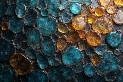 The primary subject of the image is a close-up of a blue and yellow patterned surface, which appears to be a tile or a piece of artwork. The setting is a dark room, and the visual style is a combination of photo and digital art. The dominant colors are blue and yellow, creating a vibrant and lively atmosphere.