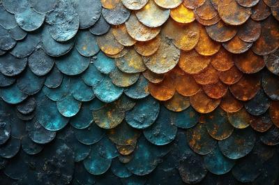 The primary subject of the image is a blue and orange patterned metal surface. The setting is a close-up of the pattern, showcasing the intricate design. The visual style is a combination of digital art and illustration, creating a unique and eye-catching pattern. The dominant colors are blue and orange, giving the image a vibrant and lively atmosphere.