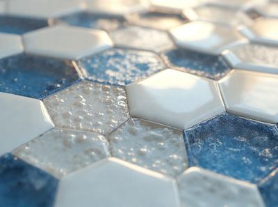 The primary subject of the image is a blue and white tiled floor. The setting is a room with a blue and white checkered floor, which is the main focus of the image. The visual style is a photo, capturing the details of the tiled floor. The colors and mood of the image are predominantly blue and white, creating a clean and modern atmosphere.