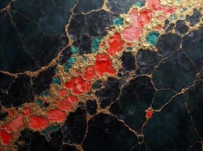 The primary subject of the image is a black surface with gold and red paint splatters on it. The setting appears to be a black background, and the visual style is a combination of digital art and illustration. The dominant colors in the image are black, gold, and red, creating a bold and striking appearance.