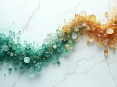 The primary subject of the image is a colorful, curved arrangement of various colored crystals, such as green, blue, and orange, placed on a white marble surface. The setting is a white countertop, and the visual style appears to be a combination of a photo and digital art. The colors and mood of the image are vibrant and lively, with the crystals creating a visually appealing and eye-catching display.