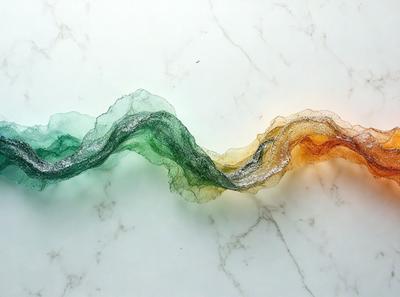 The primary subject of the image is a green and yellow striped object, which appears to be a piece of art or a decorative item. The setting is a white marble countertop, and the visual style is a combination of digital art and illustration. The colors and mood of the image are vibrant and lively, with the green and yellow stripes creating a sense of movement and energy.