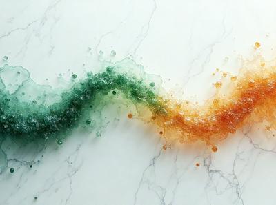 The primary subject of the image is a green and orange colored liquid, which appears to be a mix of water and oil. The setting is a white marble countertop, and the visual style is a combination of digital art and illustration. The dominant colors in the image are green and orange, creating a vibrant and lively atmosphere.