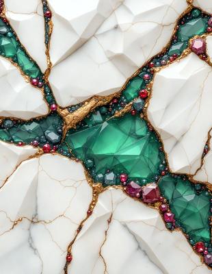 The primary subject of the image is a close-up of a green and white marble stone. The setting is a white marble surface, and the visual style appears to be a combination of a photo and digital art. The colors and mood of the image are predominantly green and white, with a touch of gold, creating a serene and elegant atmosphere.