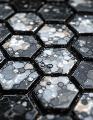 The primary subject of the image is a black and white tile floor with a pattern of hexagons. The setting is a room with a black surface, possibly a countertop or a table. The visual style is a close-up of the tile floor, showcasing the intricate pattern and texture. The colors and mood of the image are predominantly black and white, giving it a classic and timeless appearance.