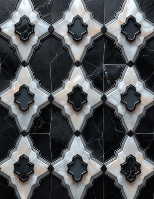 The primary subject of the image is a black and white marble tile pattern. The setting is a black and white marble tile wall, which serves as the background. The visual style is a pattern, and the colors and mood are predominantly black and white, giving the image a classic and elegant appearance.