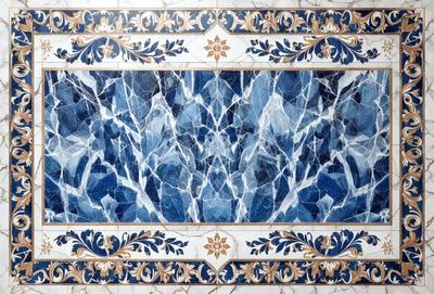 The primary subject of the image is a blue and white tile design. The setting is a bathroom, with the tiles covering the walls and floor. The visual style is a combination of digital art and illustration, creating a unique and intricate pattern. The dominant colors are blue and white, giving the space a clean and calming atmosphere.