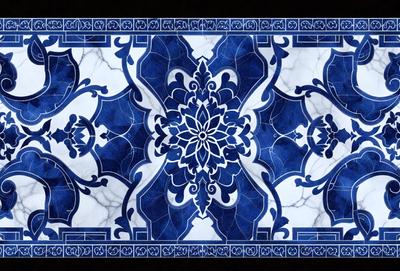 The primary subject of the image is a blue and white tile design, featuring a floral pattern. The setting is a wall with a marble texture, and the visual style is a combination of digital art and illustration. The dominant colors are blue and white, creating a calm and elegant atmosphere.