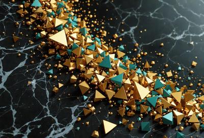The primary subject of the image is a collection of gold and blue triangles scattered across a black marble surface. The triangles are of various sizes and are arranged in a visually appealing manner. The setting is a black marble countertop, and the visual style is a combination of photo and digital art. The colors and mood of the image are predominantly black and gold, creating a sophisticated and elegant atmosphere.
