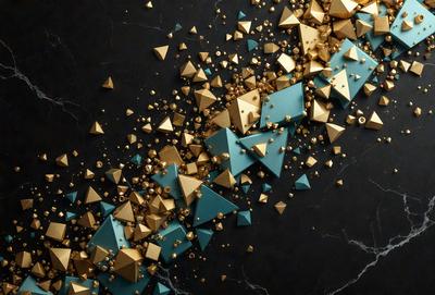 The primary subject of the image is a collection of gold and blue geometric shapes, such as triangles and diamonds, scattered across a black background. The visual style appears to be a combination of digital art and illustration, creating a unique and eye-catching pattern. The dominant colors in the image are gold and blue, giving the scene a sophisticated and elegant appearance.