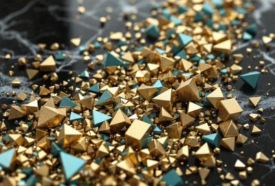 The primary subject of the image is a collection of gold and blue triangular shapes, which are likely gold glitter or gold sequins. These shapes are scattered across a black surface, creating a visually striking contrast between the gold and blue colors and the dark background. The visual style of the image appears to be a close-up of the gold and blue triangles, emphasizing their unique shapes and textures. The overall atmosphere of the image is elegant and eye-catching, with the gold and blue colors evoking a sense of lux