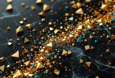 The primary subject of the image is a close-up of gold and blue glittery confetti on a black background. The setting is a dark, textured surface, possibly a marble table. The visual style is a combination of photo and digital art, creating a vibrant and eye-catching scene. The dominant colors are gold and blue, with the gold glitter adding a sense of luxury and sophistication to the overall atmosphere.