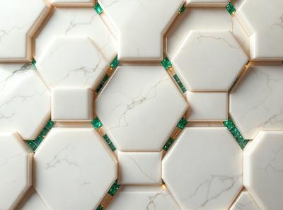 The primary subject of the image is a white marble tile with green accents. The setting is a wall, and the visual style is a close-up of the tile. The colors and mood of the image are predominantly white and green, creating a clean and fresh atmosphere.