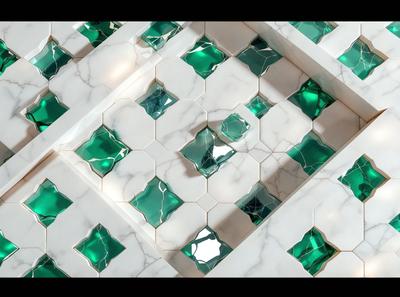 The primary subject of the image is a white marble wall with a pattern of green tiles. The setting is a room with a white marble wall, and the visual style is a photo. The dominant colors are white and green, creating a clean and fresh atmosphere.