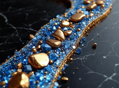 The primary subject of the image is a blue and gold striped design, which appears to be a pattern or a piece of artwork. The setting is a black surface, possibly a table or a countertop. The visual style of the image is a combination of digital art and illustration, as it features a unique and intricate design. The colors and mood of the image are predominantly blue and gold, creating a sense of elegance and sophistication.