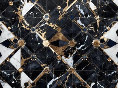 The primary subject of the image is a black and gold marble tile pattern. The setting is a black and gold marble tile wall, which serves as the background. The visual style is a close-up of the tile pattern, showcasing the intricate details of the design. The colors and mood of the image are predominantly black and gold, giving it a luxurious and elegant appearance.