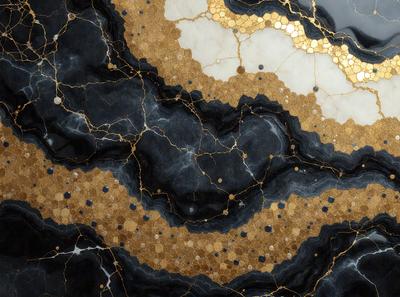 The primary subject of the image is a black and gold marble-like surface. The setting is a black and gold marble-like surface, which is the main object, scene, or focus of the image. The visual style is a close-up of the marble-like surface, which is a photo. The colors and mood of the image are predominantly black and gold, giving it a luxurious and elegant appearance.