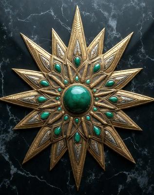 The primary subject of the image is a decorative piece featuring a gold sun with green jewels. The setting is a black marble surface, which serves as the background. The visual style is a combination of digital art and illustration, creating a unique and eye-catching design. The dominant colors are gold and green, giving the piece a warm and vibrant atmosphere.