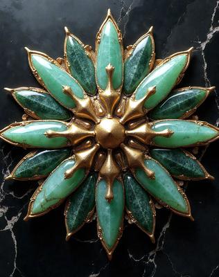 The primary subject of the image is a decorative piece featuring a gold sun with green leaves. The setting is a black background, and the visual style appears to be a combination of photo and digital art. The dominant colors are gold and green, creating a warm and lively atmosphere.