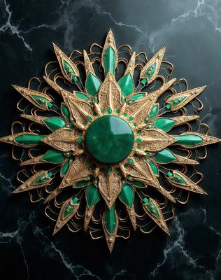The primary subject of the image is a decorative piece featuring a green sun with green leaves. The setting is a black background, and the visual style appears to be a combination of digital art and illustration. The dominant colors are green and gold, creating a warm and vibrant atmosphere.