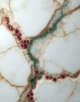 The primary subject of the image is a marble countertop with a green and gold design. The setting is a kitchen, and the visual style is a photo. The countertop features a pattern of red and green dots, giving it a unique and eye-catching appearance. The colors and mood of the image are vibrant and lively, with the green and gold design adding a touch of elegance to the kitchen space.