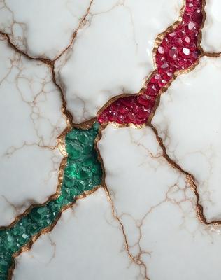 The primary subject of the image is a white marble surface with a gold line running through it. The setting is a white marble countertop, and the visual style is a combination of photo and digital art. The colors and mood of the image are predominantly white and gold, giving it a clean and elegant appearance.