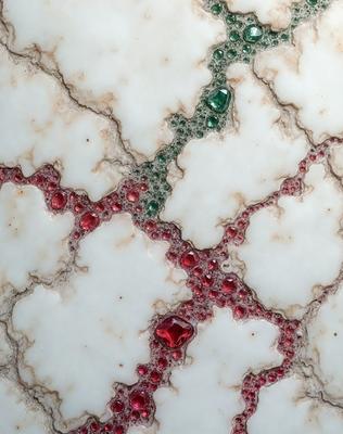 The primary subject of the image is a marble surface with red and green droplets on it. The setting is a white marble wall, and the visual style appears to be a close-up of the marble surface. The colors and mood of the image are predominantly red and green, with the droplets adding a touch of vibrancy to the marble surface.
