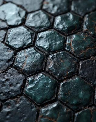 The primary subject of the image is a close-up of a green and brown stone tile. The setting is a stone floor, and the visual style is a photo. The colors and mood of the image are earthy and natural, with the green and brown tones of the stone tile creating a sense of warmth and texture.