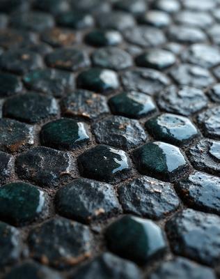 The primary subject of the image is a close-up of a stone floor with a pattern of green and black tiles. The setting is an outdoor area with a stone surface. The visual style is a photo, and the colors and mood are predominantly dark and moody, with the green and black tiles creating a striking contrast.