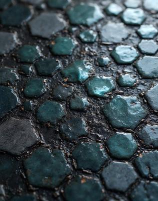 The primary subject of the image is a blue and green stone floor. The setting is an outdoor area with a stone walkway. The visual style is a photo of the stone floor. The colors and mood of the image are predominantly blue and green, creating a calm and serene atmosphere.