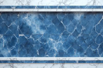 The primary subject of the image is a blue marble tile wall. The setting is a bathroom, with the wall being the main focus of the scene. The visual style is a photo, capturing the intricate details of the tile pattern. The dominant colors are blue and white, creating a clean and elegant atmosphere.