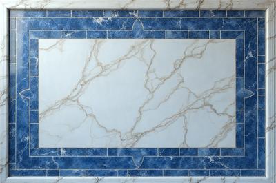 The primary subject of the image is a marble countertop with a blue and white tiled backsplash. The setting is a kitchen or bathroom environment, with the countertop and backsplash being the main focus of the scene. The visual style is a photo, capturing the natural beauty and texture of the marble and tile materials. The colors and mood of the image are predominantly blue and white, creating a clean and elegant atmosphere.