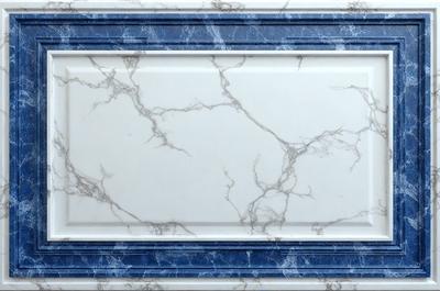 The primary subject of the image is a marble countertop with a blue border. The setting is a kitchen, and the visual style is a photo. The countertop has a blue border, and the overall atmosphere is elegant and sophisticated.