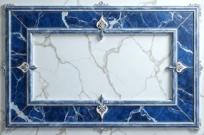 The primary subject of the image is a decorative frame with a blue and white marble design. The frame is adorned with a fleur-de-lis pattern, adding a touch of elegance to the overall design. The setting is a white wall, which serves as a clean and neutral backdrop for the frame. The visual style of the image is a combination of digital art and illustration, creating a unique and eye-catching design. The colors and mood of the image are predominantly blue and white, giving