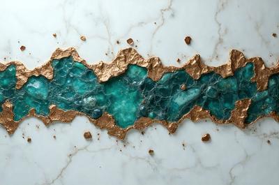 The primary subject of the image is a piece of artwork featuring a blue and gold color scheme. The setting is a marble table, and the visual style appears to be a combination of digital art and illustration. The colors and mood of the artwork are vibrant and lively, with the blue and gold colors creating a sense of depth and richness.