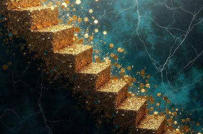 The primary subject of the image is a staircase made of gold coins. The setting is a blue background, which adds a contrasting color to the scene. The visual style is a combination of photo and digital art, creating a unique and eye-catching design. The colors and mood of the image are predominantly gold and blue, giving it a luxurious and elegant appearance.