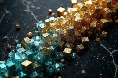 The primary subject of the image is a collection of colorful cubes, including blue, gold, and yellow ones. These cubes are scattered on a black surface, creating a visually striking contrast. The setting appears to be a workspace or a display area, with the cubes arranged in a way that showcases their vibrant colors and unique shapes. The visual style of the image is a combination of photo and digital art, as the cubes are captured in a close-up shot, while the black background and the overall composition