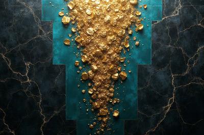 The primary subject of the image is a large pile of gold coins, which are scattered across a blue surface. The setting appears to be a room with a blue wall, and the visual style is a combination of a photo and digital art. The colors in the image are predominantly gold and blue, creating a sense of wealth and luxury.