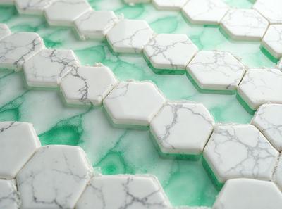 The primary subject of the image is a marble-patterned table with a green marble-like surface. The table is covered with white and green marble-like tiles, creating a visually appealing and unique design. The setting is a room with a marble-patterned table, which serves as the main focus of the image. The visual style is a combination of digital art and illustration, as the marble-like tiles are created using digital tools. The colors and mood of the image are predomin